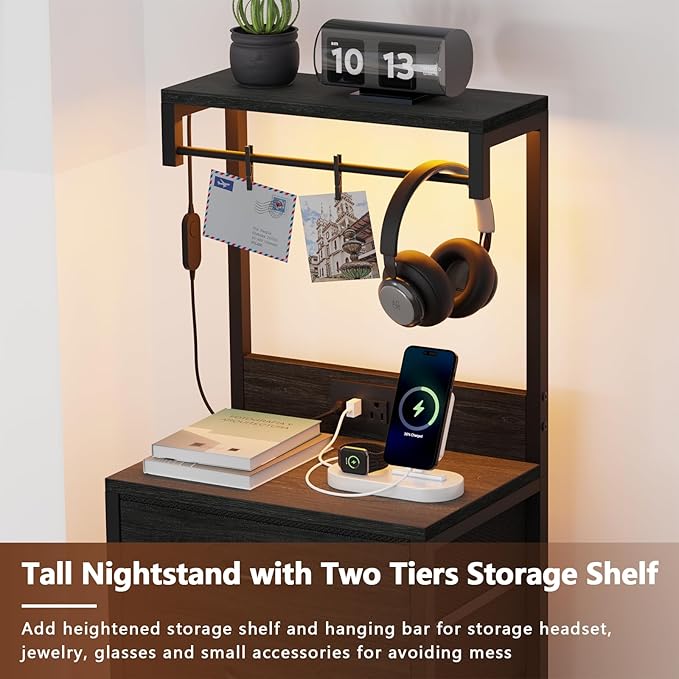 Furnulem Tall Nightstand with Charging Station, Night Stands with LED Lights and Storage Shelves, Bed Side Table for Bedroom, Hallway, Office, 4 Fabric Drawers (Black Oak)