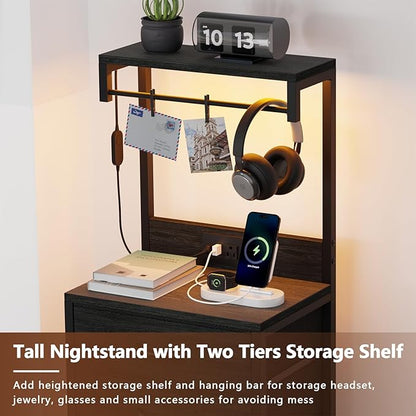 Furnulem Tall Nightstand with Charging Station, Night Stands with LED Lights and Storage Shelves, Bed Side Table for Bedroom, Hallway, Office, 4 Fabric Drawers (Black Oak)