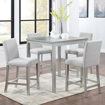 KEIKI 5-Piece Counter Height Dining Table Set with Square Table and 4 Upholstered Chair, for 4 Person, Classic Crystal Decoration Wooden Table Set, Easy Assembly, for Kitchen, Dining Room, Silver Grey