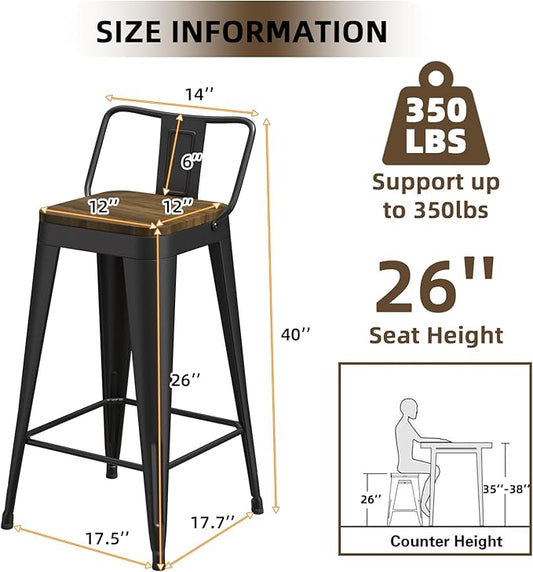 Black Bar Stools Set of 4, Metal Bar Stools with Wooden Seat, Modern 26”Counter Height Barstools with Low Back