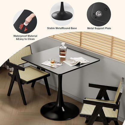 24" Black Small Dining Table for 2 or 4, Small Square Tulip Table for Kitchen, Round Corner Wood Bistro Table, Mid Century Modern Tables with Sturdy Pedestal for Living Room, Cafe, Office, Pub, Bar