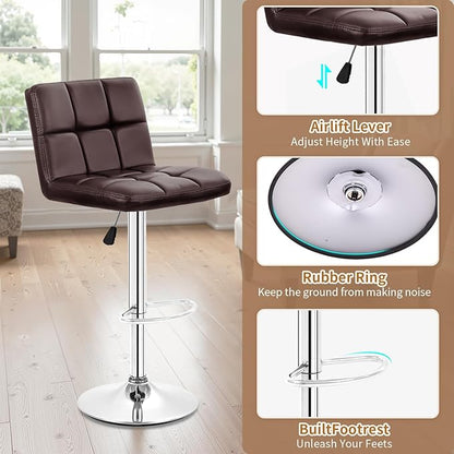 BestOffice Bar Stools Set of 2, Adjustable PU Leather Swivel Barstools, Modern Counter Stools with Back and Footrest, Counter Height Barstools for Bar, Kitchen and Dining Room