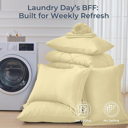 HEVUMYI Cream Yellow Full Comforter Set - 7-Piece All Season Bed in a Bag Full, Ultra Soft Bedding Set with Comforter, Flat Sheet, Fitted Sheet, Pillowcases, Pillow Shams