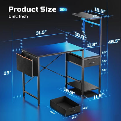 Bestier Gaming Desk with LED Lights, 44 Inch Reversible Computer Desk with Drawers & Storage Shelves for Small Spaces, PC Gamer Table with Storage Bag & Side Hook, Black
