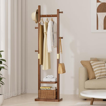 Solid Wood Coat Rack Clothes Rack, Coat Rack Freestanding with 2 Shelves and 5 Hooks, Heavy Duty Coat Tree for Entryway, Living room, Coat Hanger Stand for Hats, Bags Clothes(Walnut Brown)