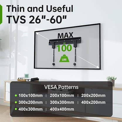 No Stud TV Wall Mount Low Profile for Most 26-60" Televisions up to 100 lbs,No Dril Monitor Mount for Drywall, Studless Wall Mount Bracket Max VESA 400x400mm for Flat Screen&Curved TVs, Easy Install