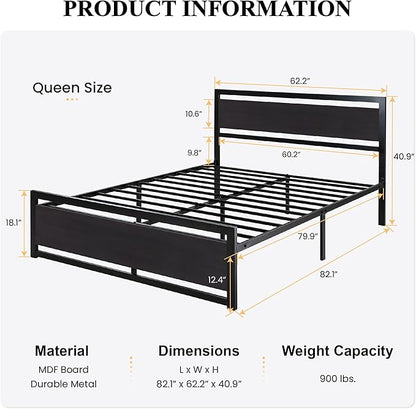 SHA CERLIN Queen Size Bed Frame with Modern Headboard, Heavy Duty Platform Metal Base with Square Footboard and 13 Strong Slats Support, No Box Spring Needed, Black