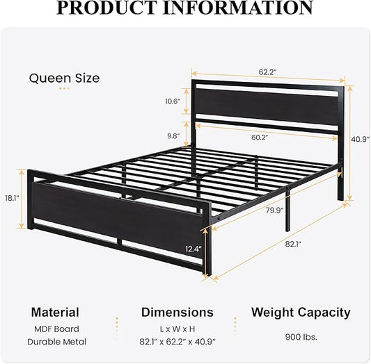 SHA CERLIN Queen Size Bed Frame with Modern Headboard, Heavy Duty Platform Metal Base with Square Footboard and 13 Strong Slats Support, No Box Spring Needed, Black
