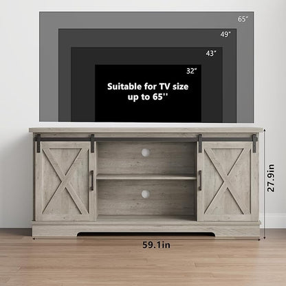 CABIHOME Farmhouse Tv Stand for 65 Inches TVs, Entertainment Center with Storage and Sliding Barn Doors, Adjustable Shelf Modern Media TV Console TV Stand Table for Living Room, Bedroom, Grey