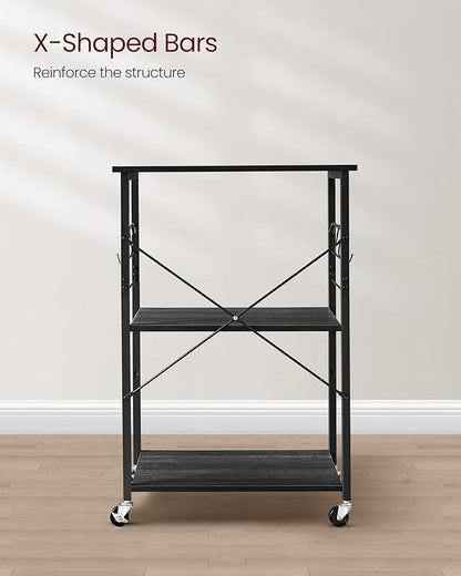 VASAGLE Kitchen Shelf on Wheels, Serving Cart with 3 Shelves, Kitchen Cart, Microwave Shelf, for Mini Oven, Toaster, with 6 Hooks, Industrial Stylee, Ebonized Oak Finish and Black UKKS060B42