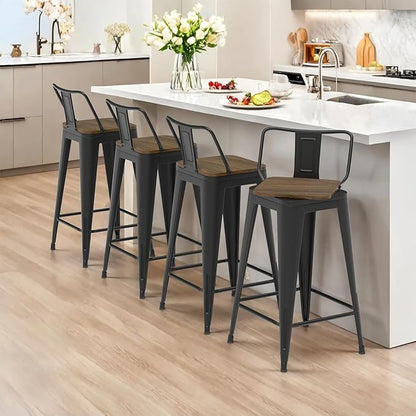26 Inch Swivel Bar Stools Set of 4, Counter Height Bar Stools with Low Back, Metal Industrial Bar Chairs for Kitchen Island (Matte Black)