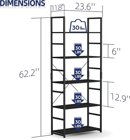 NUMENN 5 Tier Bookshelf, Tall Bookcase Shelf Storage Organizer, Modern Book Shelf for Bedroom, Living Room and Home Office, Black