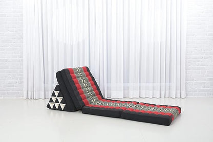 Leewadee Comfortable Japanese Floor Mattress - Thai Floor Bed with Triangle Cushion - Futon Mattress - XL Extra Long Thai Massage Mat, 89 x 20 inches, Black Red, Kapok Filling