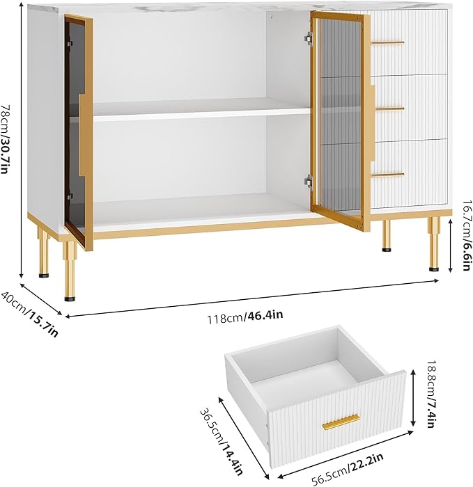 Buffet Sideboard Cabinet with Storage, 46.4" Large Fluted Kitchen Sideboard Cabinet with 2 Glass Doors 3 Drawers and Shelves, Faux Marble Top Buffet Table for Dining Room, Living Room, White