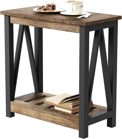 ChooChoo Farmhouse End Table, Narrow Side Table, Slim End Table with Storage Shelf for Small Spaces for Living Room, Bedroom Rustic Oak & Black
