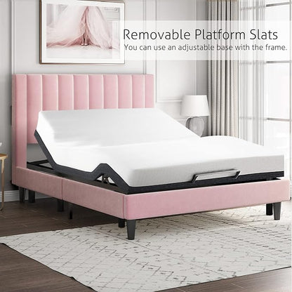 SHA CERLIN Twin Bed Frame/Velvet Upholstered Platform Bed Frame with Headboard/Strong Wood Slats Support/Mattress Foundation/No Box Spring Needed - Pink