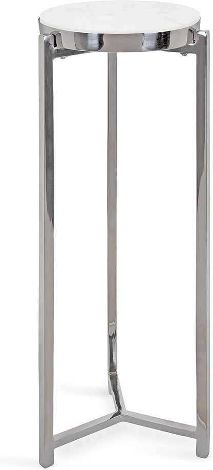 Kate and Laurel Aguilar Glam Round Drink Table, 8 x 8 x 23, Silver and White, Small Accent Table for Use as Plant Pedestal Stand with Marble Tabletop