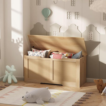 HOOBRO Storage Bench, 39.3" Toy Box, Rattan-Like Storage Chest, Sturdy Entryway Bench Supports 220 lb, Toy Chest, Safety Hinge, U-Shaped Opening, Easy Assembly, Natural NL11CW01