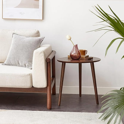 Small Oval Coffee Table, 25.6'' Small Mid Century Modern End Table for Living Room, 100% Solid Oak Wood Side Table, Minimalist Display Center Table(Walnut Color, 25.59''Wx17.51''Dx19.68''H)