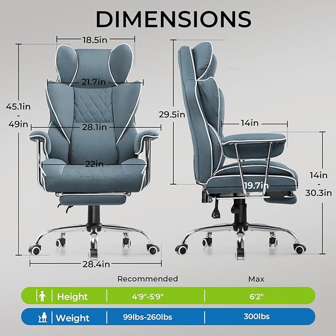 GTRACING Gaming Chair,Office Chair with Pocket Spring Lumbar Support, Ergonomic Comfortable Wide Office Desk Computer Chair with Outward Fixed Soft Armrests and Footrest (Fabric, Blue)