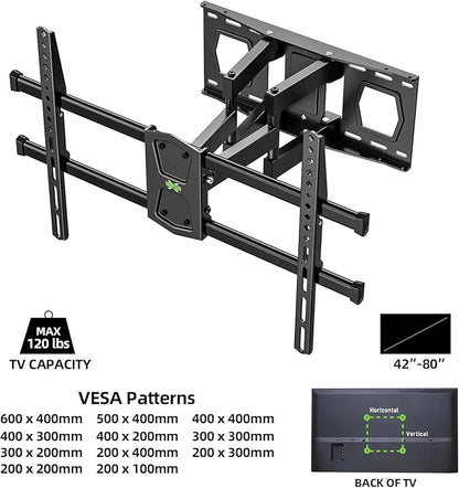 USX MOUNT Full Motion TV Wall Mount for 42-80 Inch TVs up to 120lbs, TV Bracket with Articulating Swivel Tilt Extension Leveling, Television Mount for Max VESA 600x400mm Fits 12/16" Wood Stud