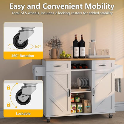 51.5'' Rolling Kitchen Island with Storage Cabinet & Drawers, Drop Leaf Kitchen Cart on Wheels, Farmhouse Portable Mobile Islands, Large Butcher Block Table with Tower/Spice Rack, White