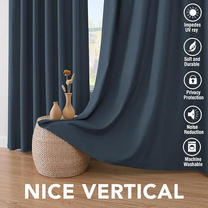 H.VERSAILTEX Linen Blackout Curtains 108 Inches Long 100% Absolutely Blackout Thermal Insulated Textured Linen Look Curtain Draperies Anti-Rust Grommet, Energy Saving with White Liner, 2 Panels, Navy