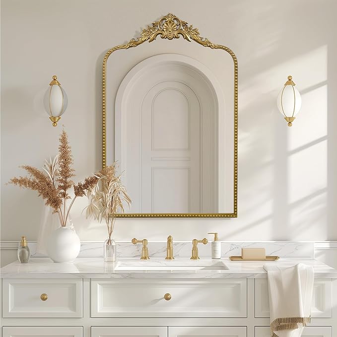 G-LEAF Vintage Baroque Mirror 24"X36",Arched Mantel Victorian Antique Farmhouse Mirror with Gold Ornate Metal Frame for Fireplace Entryway Living Room Hallway Bathroom