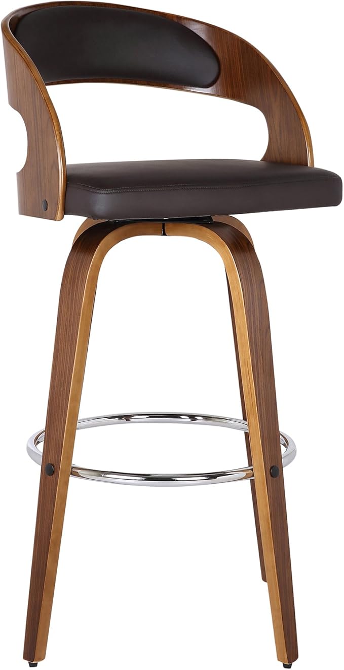 Armen Living Shelly 30" Bar Height Swivel Brown Faux Leather and Walnut Wood Bar Stool - Set of 4