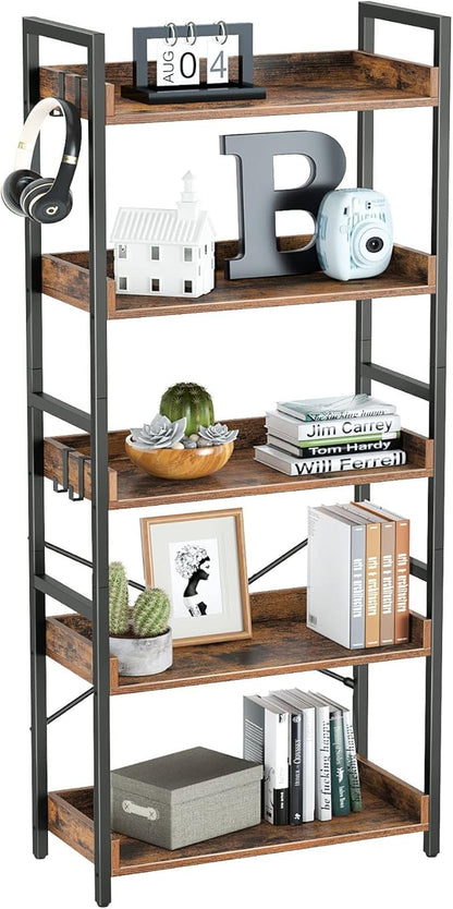 Rolanstar Bookshelf 5 Tier with 4 Hooks, Industrial Wood Bookcase, Vintage Storage Rack with Open Shelves, Rustic Standing Bookshelves Display Rack for Living Room, Bedroom, Rustic Brown