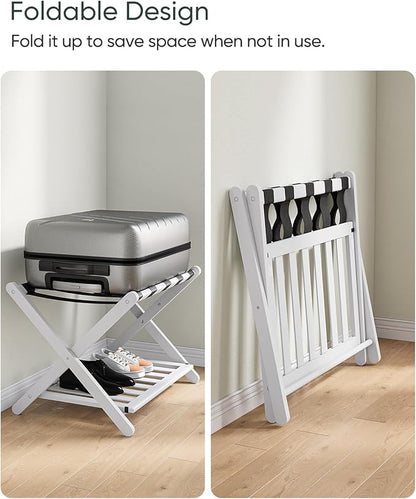 Fully Assembled White Bamboo Luggage Rack, 5 Straps Folding Suitcase Stand with Shoe Shelf, Heavy Duty Wood Large Luggage Holders for Guest Room, Bedroom, Hotel