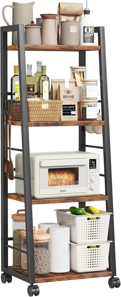 4 Tier Kitchen Storage Cart with Lockable Wheels & 6 Hooks, Mobile Utility Organizer Rolling Cart for Small Spaces, Bar Cart for Kitchen and Living Room, Rustic Brown