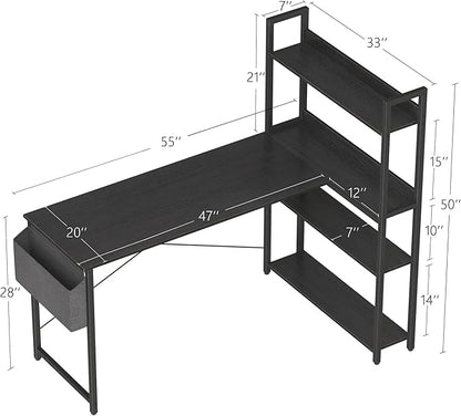 Treesland 55 Inch Computer Desk with Storage Shelves, L Shaped Desk with Storage, Corner Desk with Storage, Home Office Desks, Bookshelf Desk, Writing Study Desk for Bedroom, Black