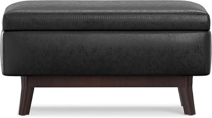 SIMPLIHOME Owen 36 inch Wide Mid Century Modern Small Rectangular Storage Ottoman in Distressed Black Vegan Faux Leather, Assembled, For the Living Room, Entryway and Family Room