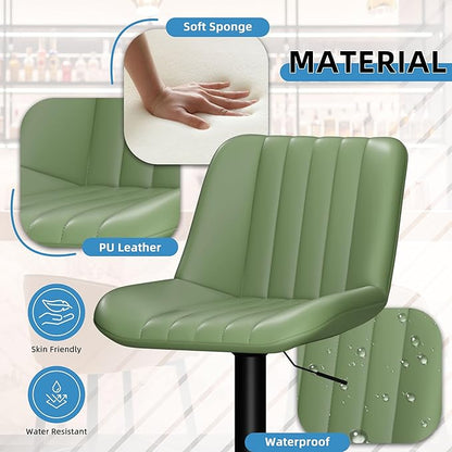 Shintenchi Swivel Bar Stools Set of 4, Adjustable Faux Leather Upholstered Swivel Counter Stools, Armless Bar Height Island Chairs with Back and Footrest, Green