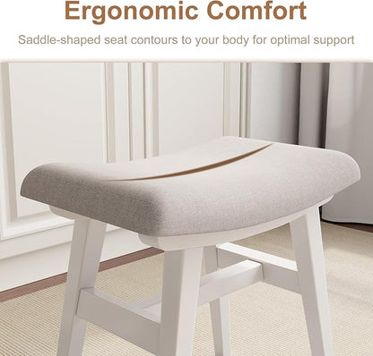 Solid Wood Small Vanity Stool, Compact Makeup Chair with Saddle Cushion, Linen-Covered High Rebound Sponge Seat, Easy Assembly Footstool for Bedroom, Entryway, Home, White