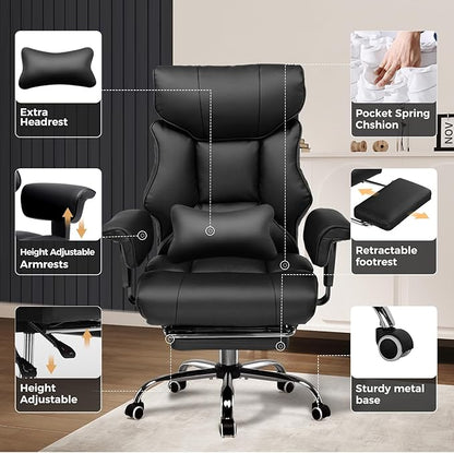 GTRACING Big and Tall Gaming Chair 400lbs Heavy Duty Office Chair with Foot Rest & Ergonomic Pocket Spring Cushion, High Back Lumbar Support for Lower Back Pain Relief, Ergo Black