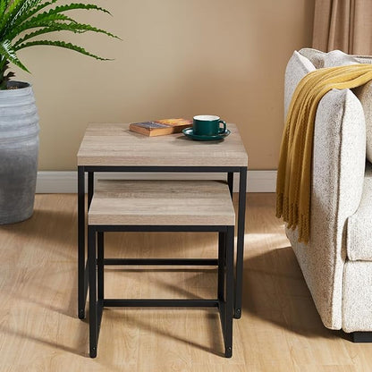 CENSI 20"x20" French Oak Nesting End Side Table, Accent Coffee Table, Square Shape, Grey Wood Finish, Blakc Metal Frame, Space-Saving, Modern Industrial Style