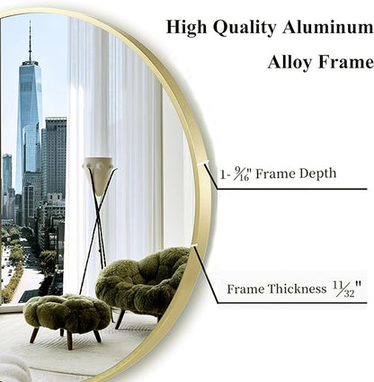 Large Round Gold Mirror 36 inch, Matte Gold Circle Mirror for Wall, Bathroom, Living Room, Hallway -Metal Framed Circular Decor