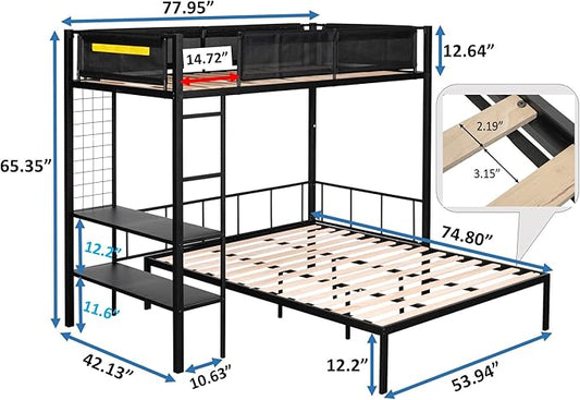 Twin Over Twin Size Bunk Bed with Multiple Storage Shelves & Wardrobe Design,Castle-Shaped Metal Bedframe W/Safety Guardrails & Ladder,for Kids Teens Boys Girls Bedroom
