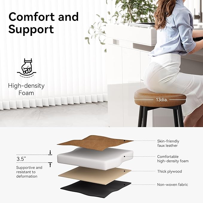 Counter Height Bar Stools, 26" H Backless Bar Stools Set of 4, Upholstered Faux Leather Kitchen Counter Stools, Mid Century Modern, Kitchen Island Home Bar, Pub, Caramel Brown