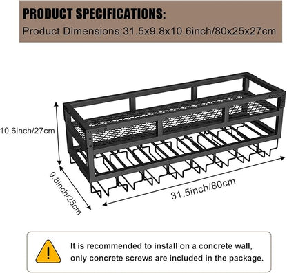 Pengfei LED Wine Rack Wall Mounted, Industrial Metal Wall Wine Shelf & Glass Holder, Large Floating Shelves Wine Bottle Storage Display Rack for Home Bar Dining Room Decor