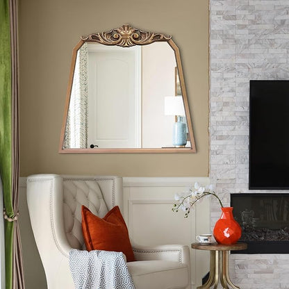 POZINO Gold Arch Mirror, 30"x35" Antique Mirror with Ornate Crown Molding, Vintage Decorative Mirrors for Bathroom Bedroom Entryway Fireplace Living Room