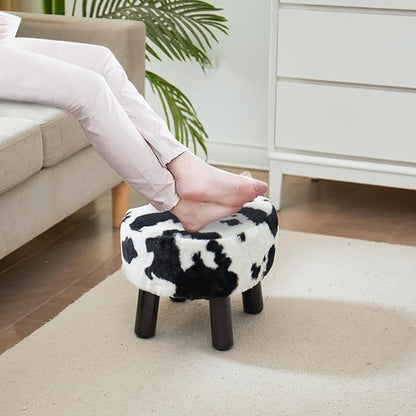 Small Footstool with Handle, Faux Fur Ottoman Foot Rest with Padded Seat, Curved Foot Stool with Wooden Legs, Portable Foot Rest for Living Room, Bedroom, Entryway, Cow