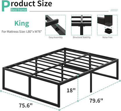 18 Inch King Bed Frame Sturdy Mattress Foundation, Heavy Duty Metal Platform with Steel Slats Support No Box Spring Needed, Noise Free, Easy Assembly, Black