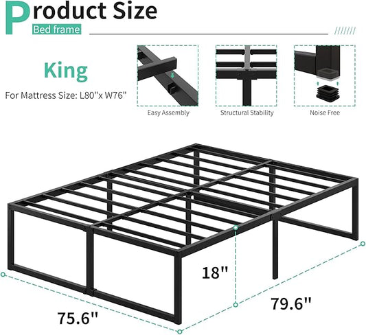 18 Inch King Bed Frame Sturdy Mattress Foundation, Heavy Duty Metal Platform with Steel Slats Support No Box Spring Needed, Noise Free, Easy Assembly, Black