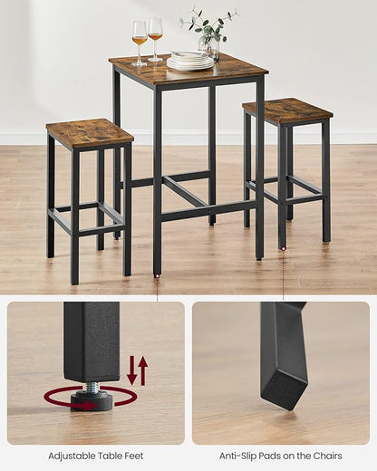 VASAGLE Bar Table and Chairs Set, Square Table with 2 Stools, Dining Pub Set for 2, Space Saving for Kitchen Breakfast, Living Room, Party Room, Rustic Brown and Ink Black