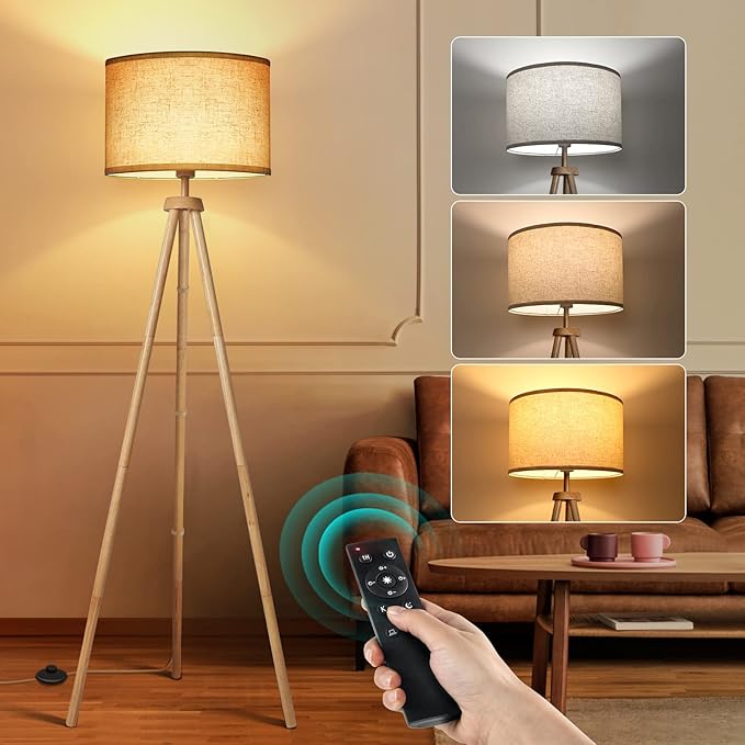 OUTON Tripod Floor Lamp, Floor Lamp with Remote Control, 4 Color Temperature, Modern Dimmable Tall Standing Lamp with Beige Linen Texture Shade for Living Room, Bedroom, Office (Nature Wood)