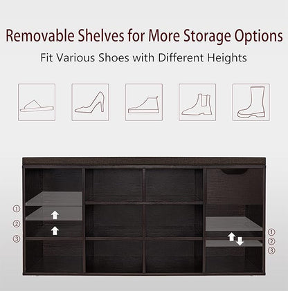 DINZI LVJ Shoe Bench, Entryway Storage Bench with Drawer and 11 Cubbies, Cubby Shoe Rack with Adjustable Shelves, Shoe Organizer Cabinet for Living Room, Bedroom, Mudroom, Closet and Garage, Espresso