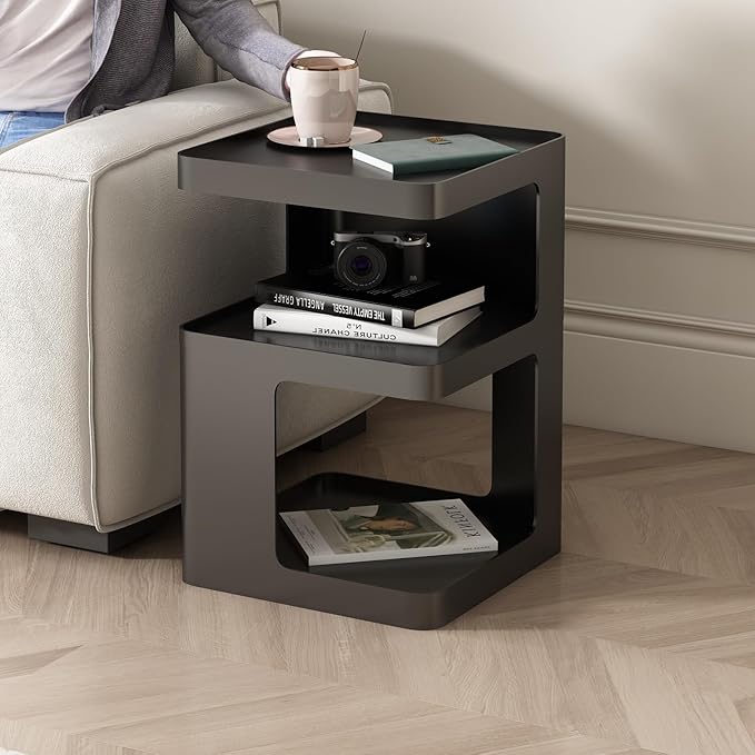 Black Modern Side Table, 3-Tier Metal NightStand with Storage, End Table Living Room, Small Night Stand for Bedroom, Bedside Table for Small Space, No Assembly Required